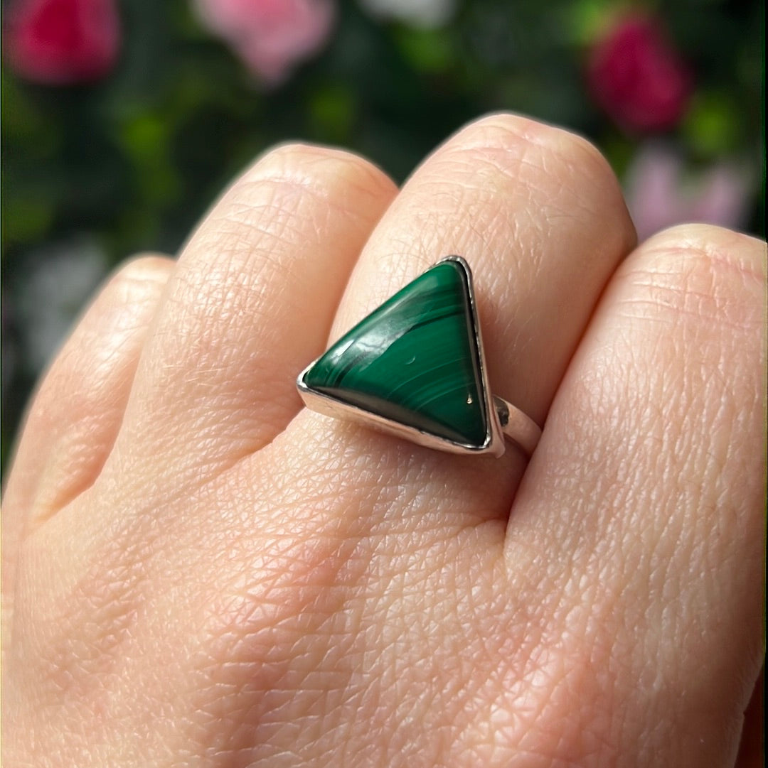 Malachite Triangle 925 Silver Ring -  Size N
