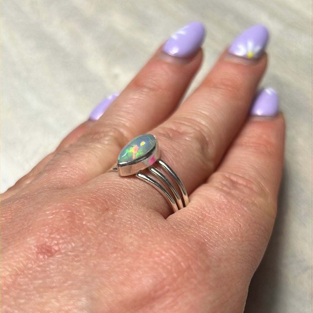 Ethiopian Opal 3 Bar 925 Sterling Silver Ring - Size Q