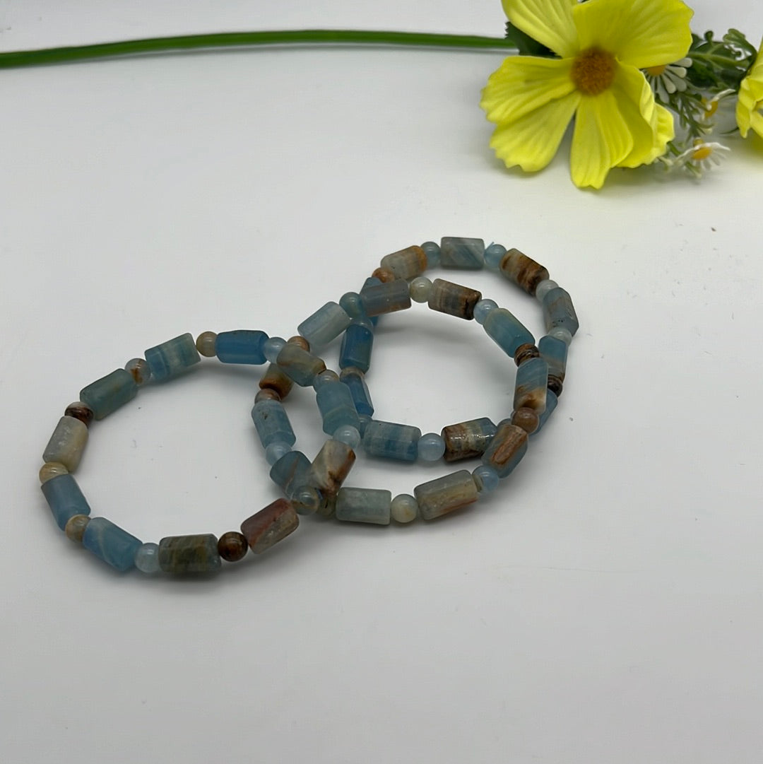 Aquatine Lemurian Calcite Bar Bracelet (blue onyx)