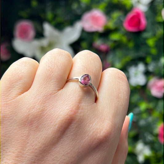 Pink Tourmaline Facet 925 Sterling Silver Ring - Size R 1/2 - S