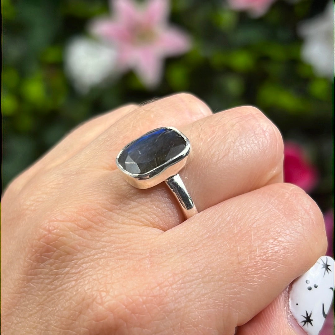 Labradorite Facet 925 Sterling Silver Ring - Size N 1/2