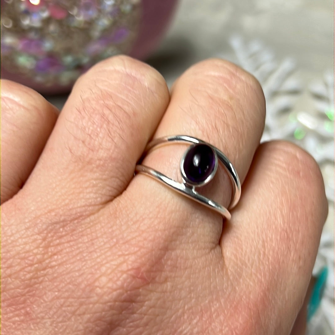 Amethyst Double Bar 925 Sterling Silver Ring - Size N 1/2
