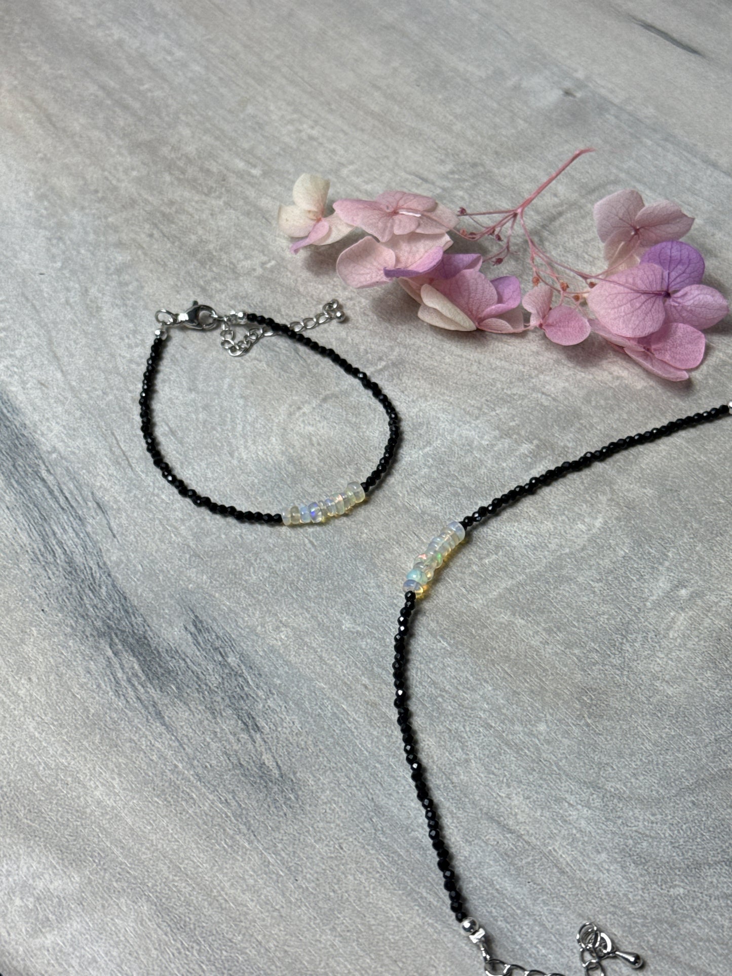 Ethiopian Opal with Black spinel facet beads bracelet