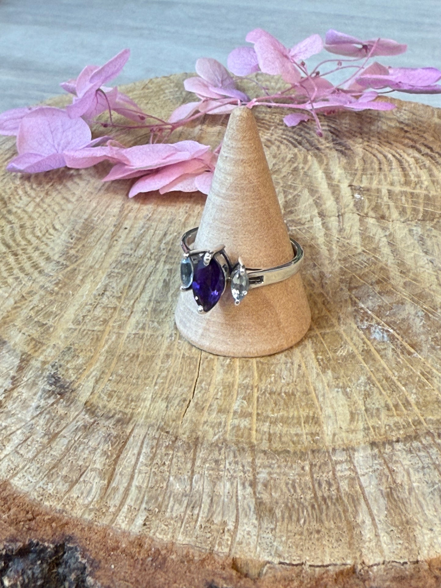 Triple Stone - Topaz / Amethyst 925 Ring - Size S