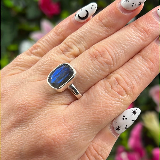 Labradorite Facet 925 Sterling Silver Ring - Size N 1/2