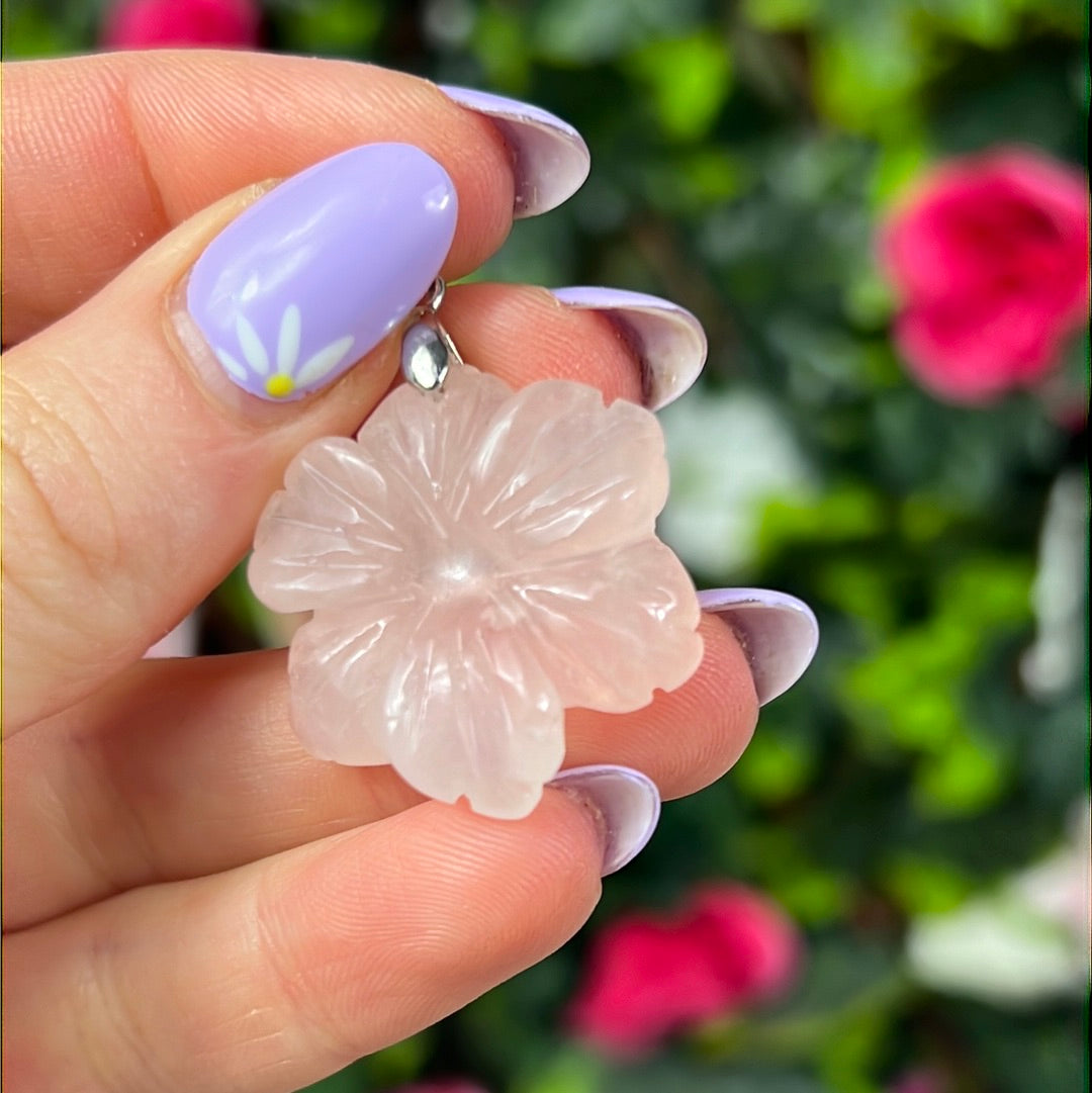 Rose Quartz Flower Pendant Sterling Silver