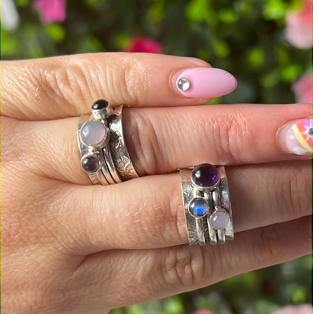 Trio Mix Fidget Spinner Ring - Sterling Silver 925 Size L 1/2