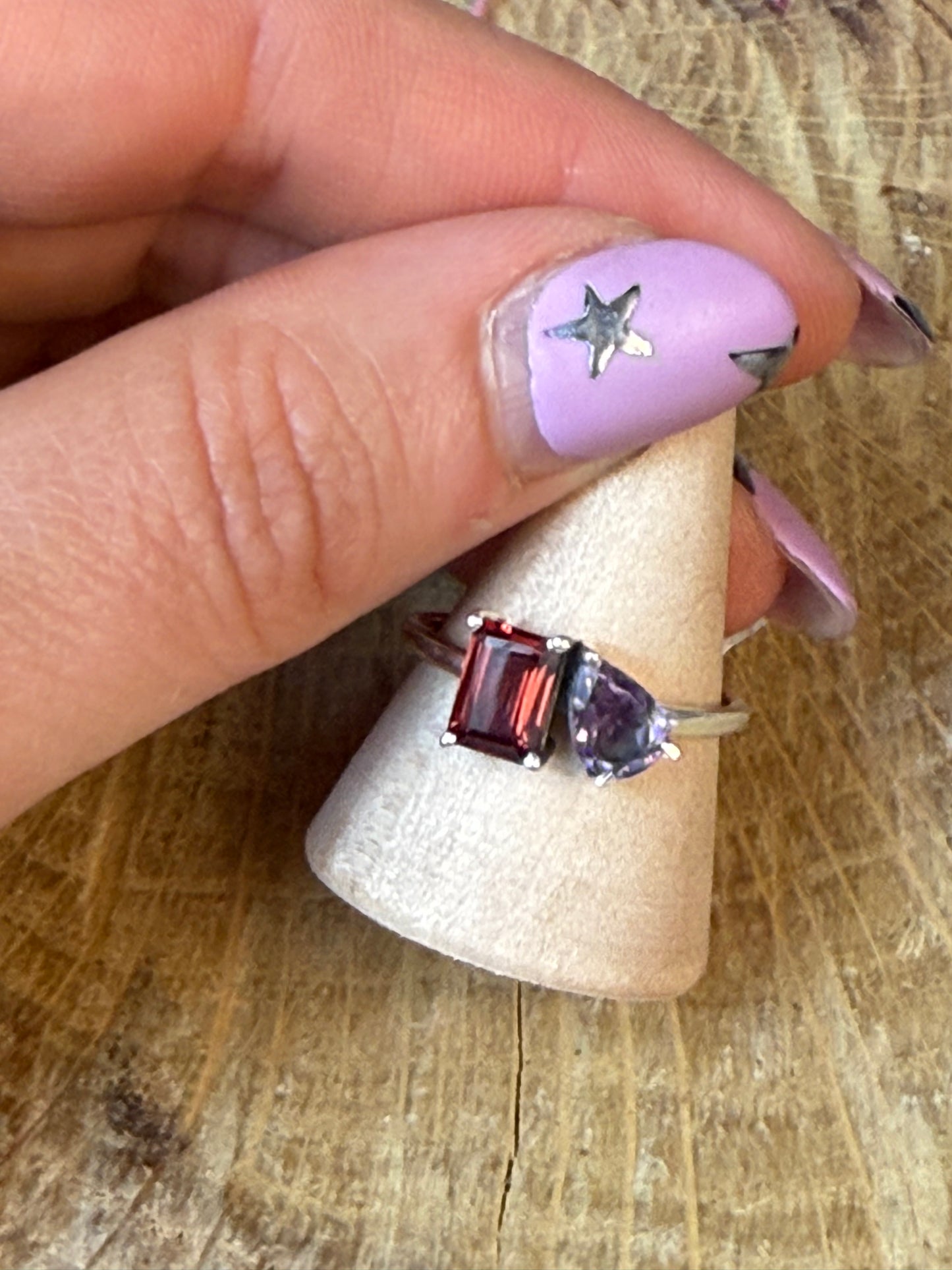 Duo Double Stone - Amethyst / Garnet 925 Silver Ring - Size Q