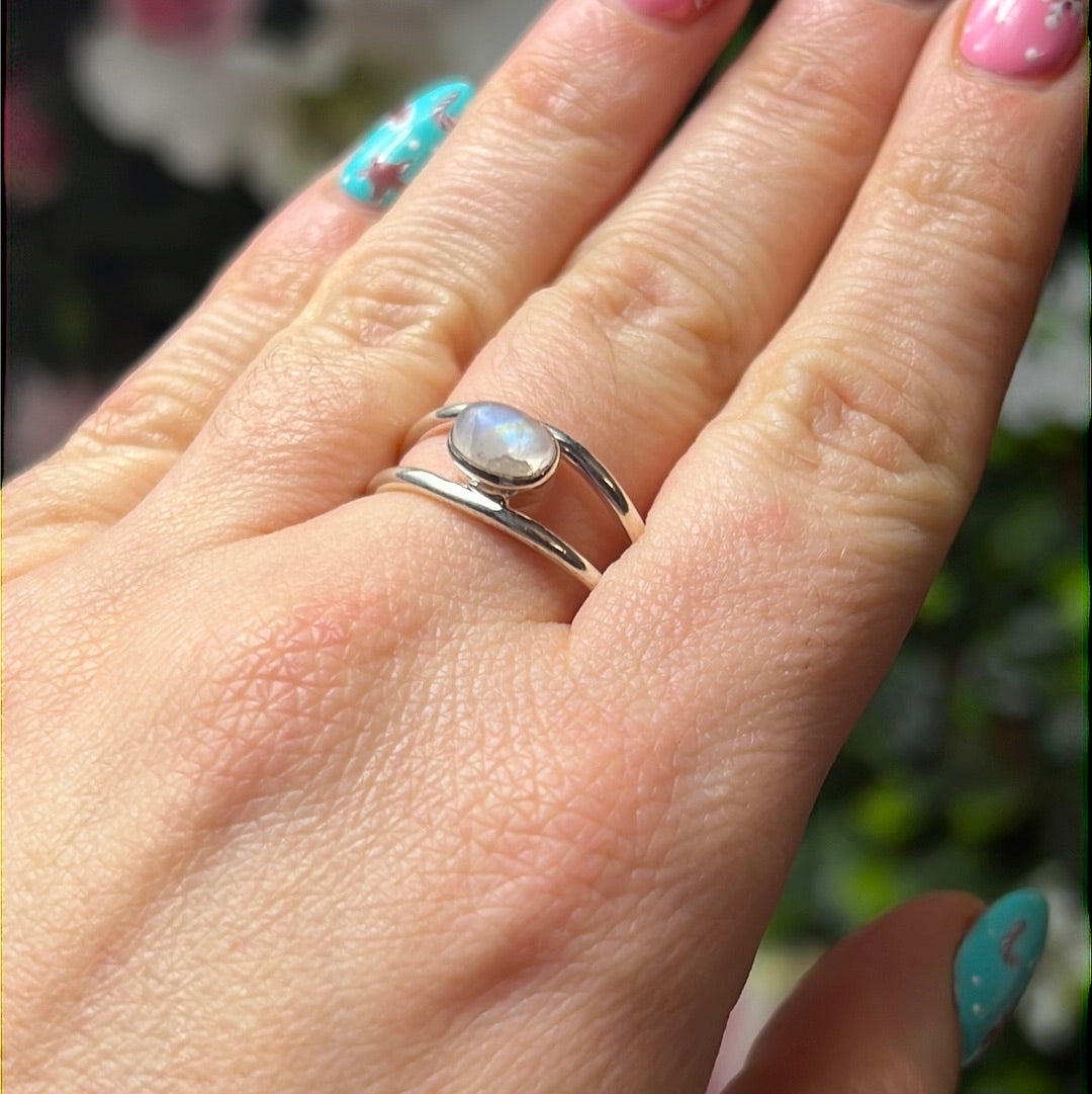 Moonstone Double Bar 925 Sterling Silver Ring - Size S 1/2