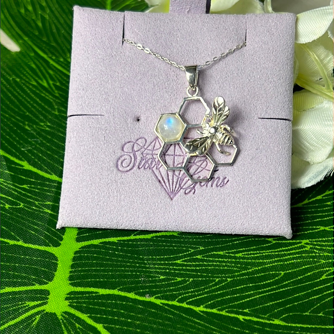 Moonstone Bee Honeycomb 925 Sterling Silver Pendant