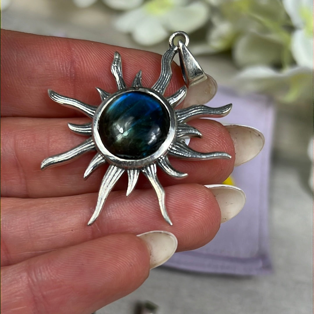Flaming Sun Sunshine 925 Sterling Silver Pendant
