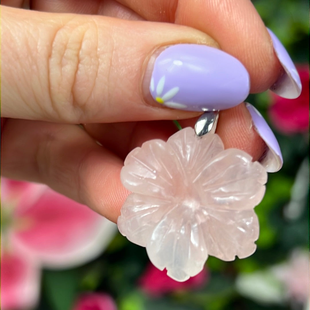 Rose Quartz Flower Pendant Sterling Silver