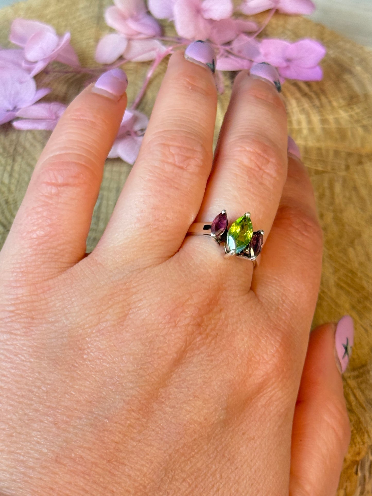 Triple Stone - Rhodolite Garnet / Peridot 925 Silver Ring - Size N 1/2