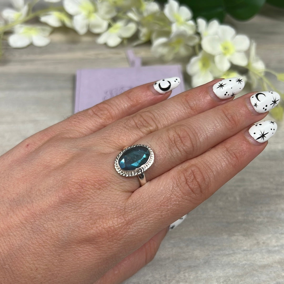 Labradorite Facet 925 Sterling Silver Ring - Size L 1/2
