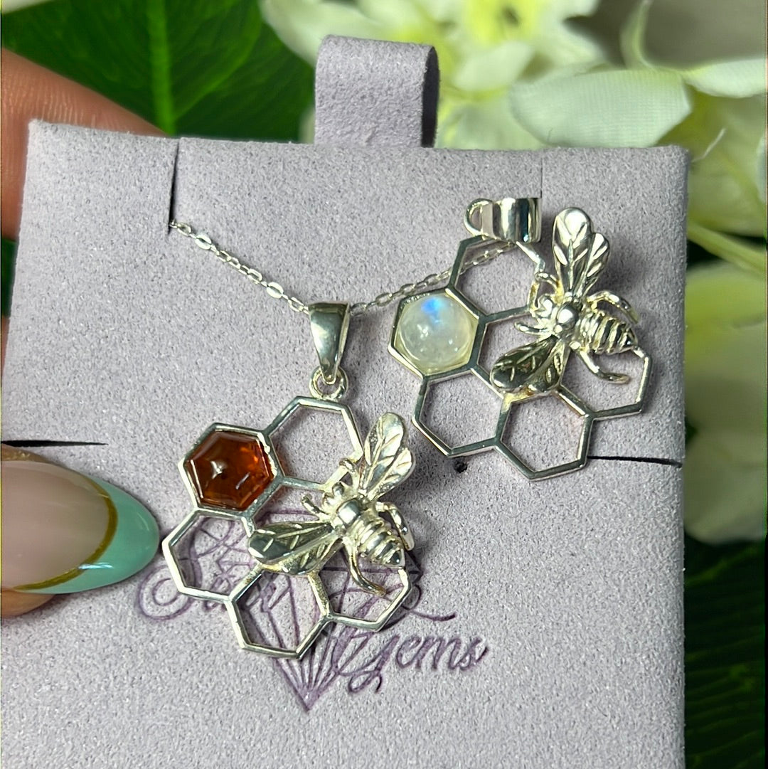 Amber Bee Honeycomb 925 Sterling Silver Pendant