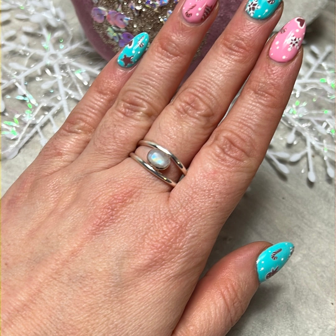 Moonstone Double Bar 925 Sterling Silver Ring - Size S 1/2