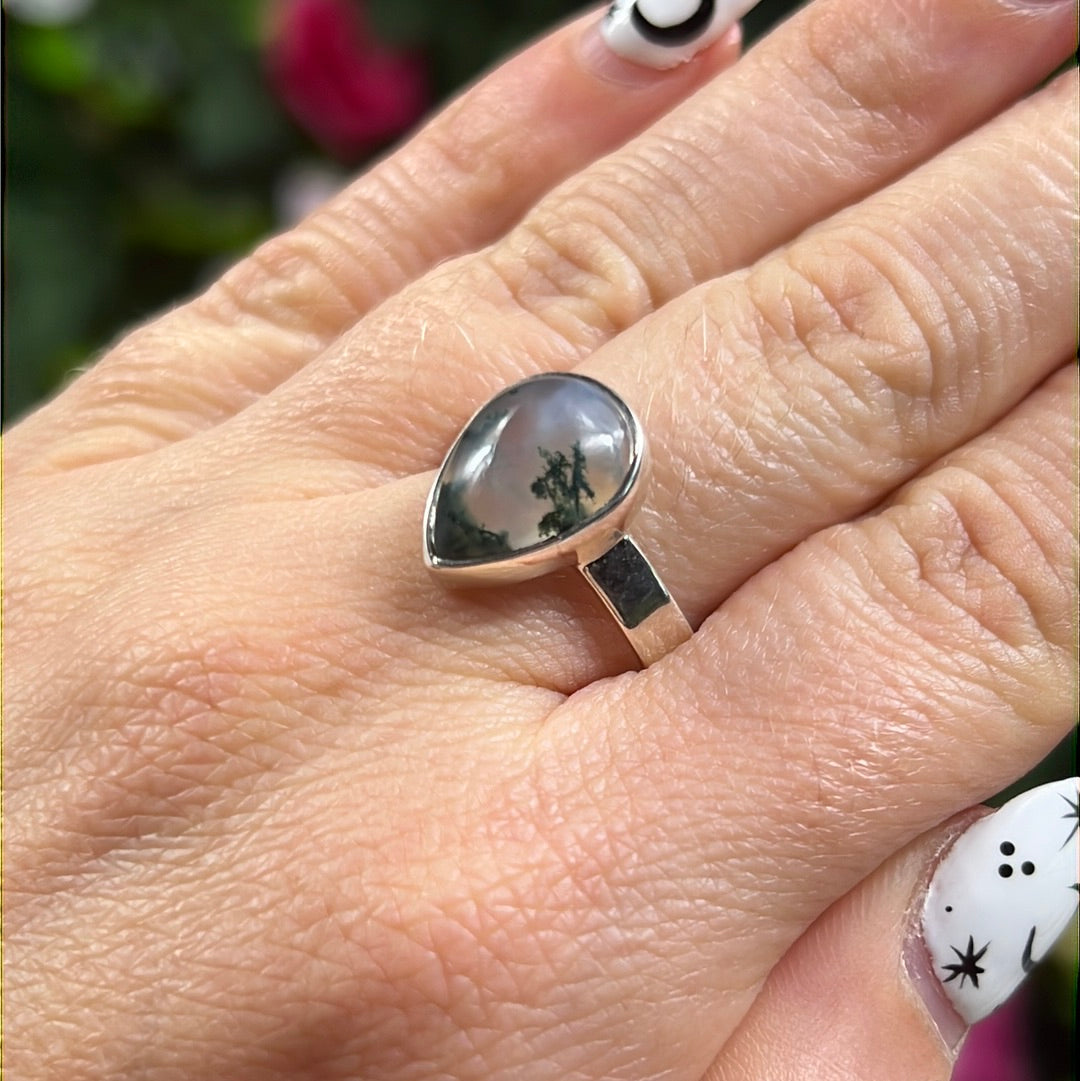 Moss Agate 925 Sterling Silver Ring - Size P 1/2 - Q