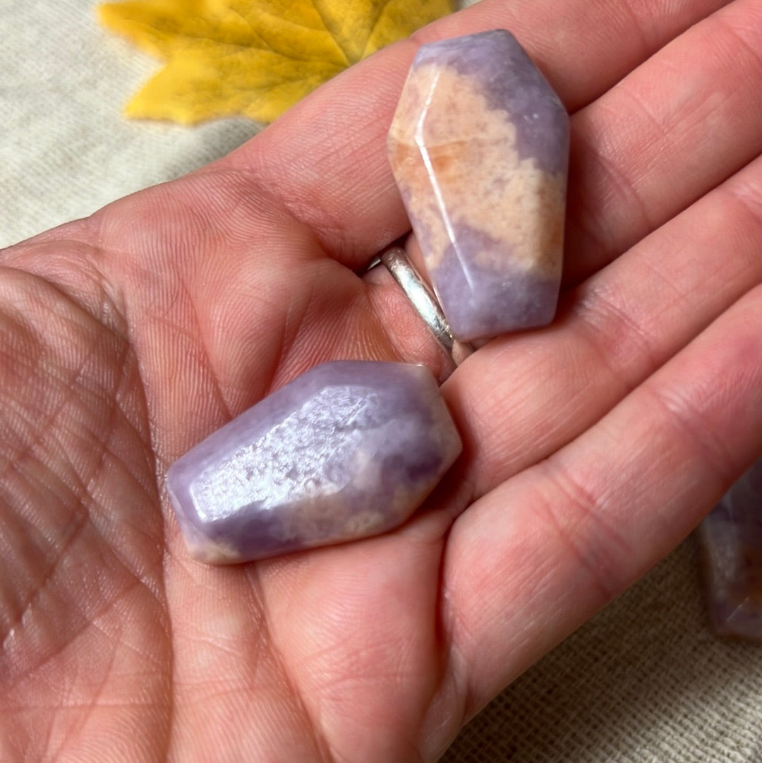 Lepidolite with stillbite coffin - flat back