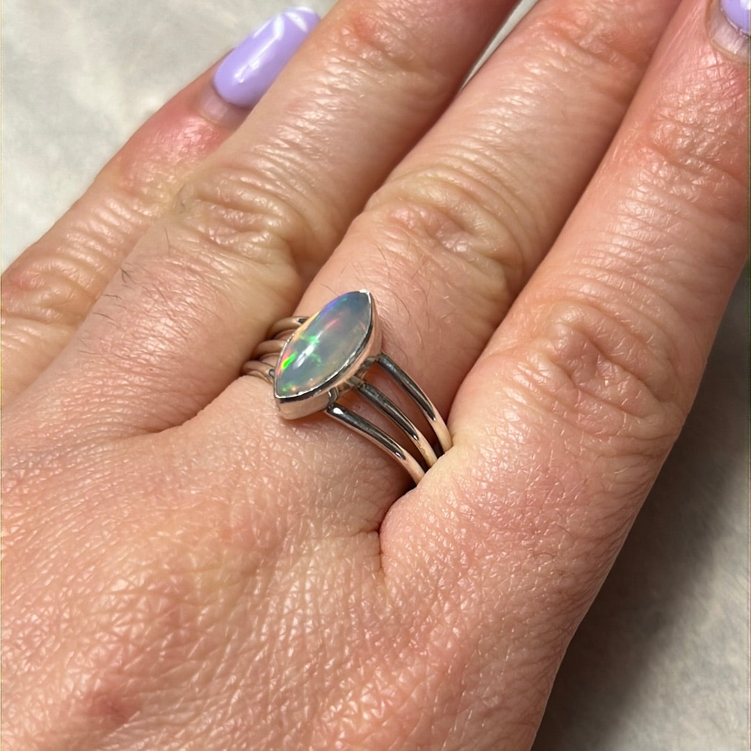 Ethiopian Opal 3 Bar 925 Sterling Silver Ring - Size Q