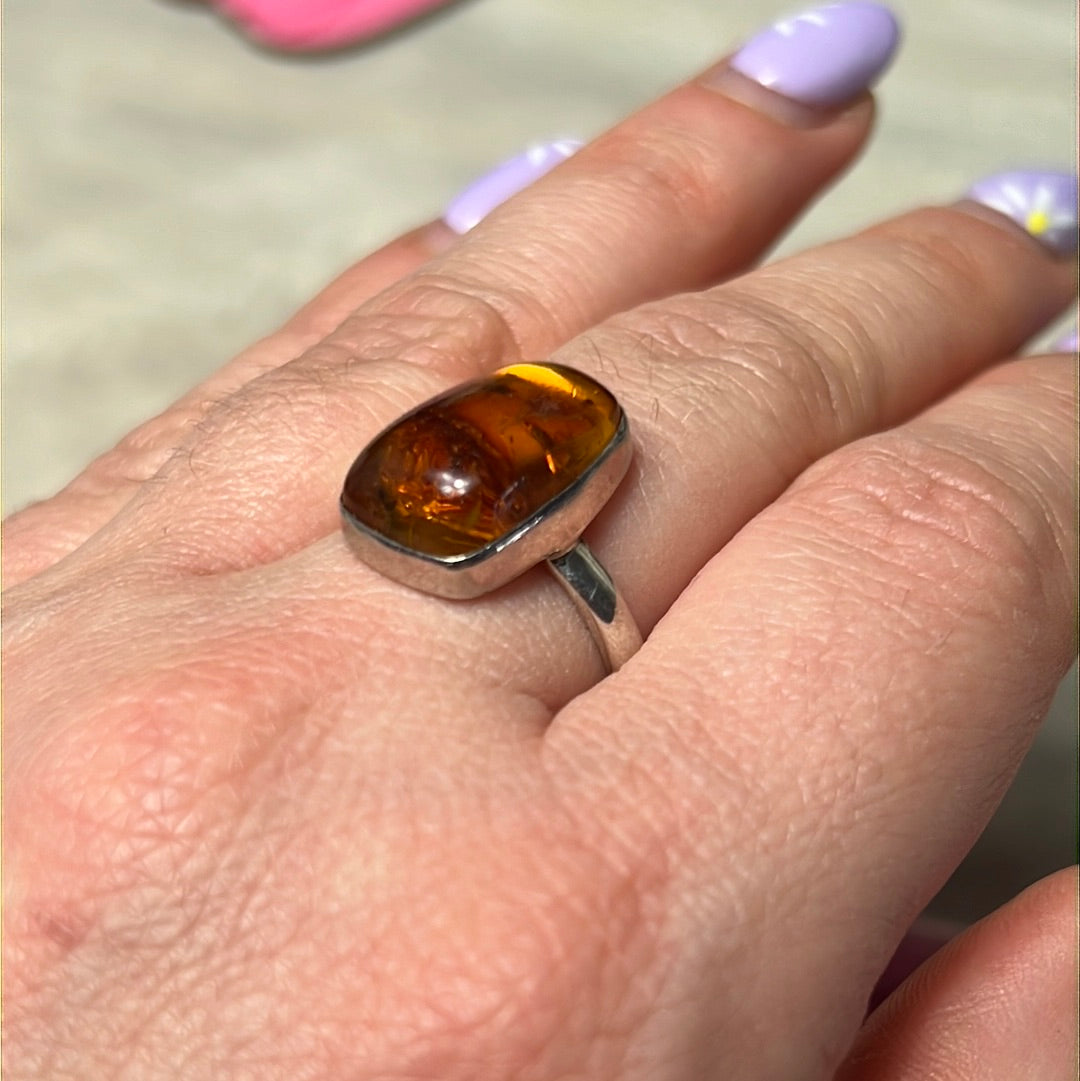 Amber 925 Sterling Silver Ring -  Size O