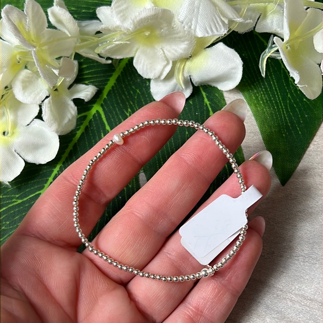 Freshwater Single Pearl 925 Sterling Silver Elastic Bracelet