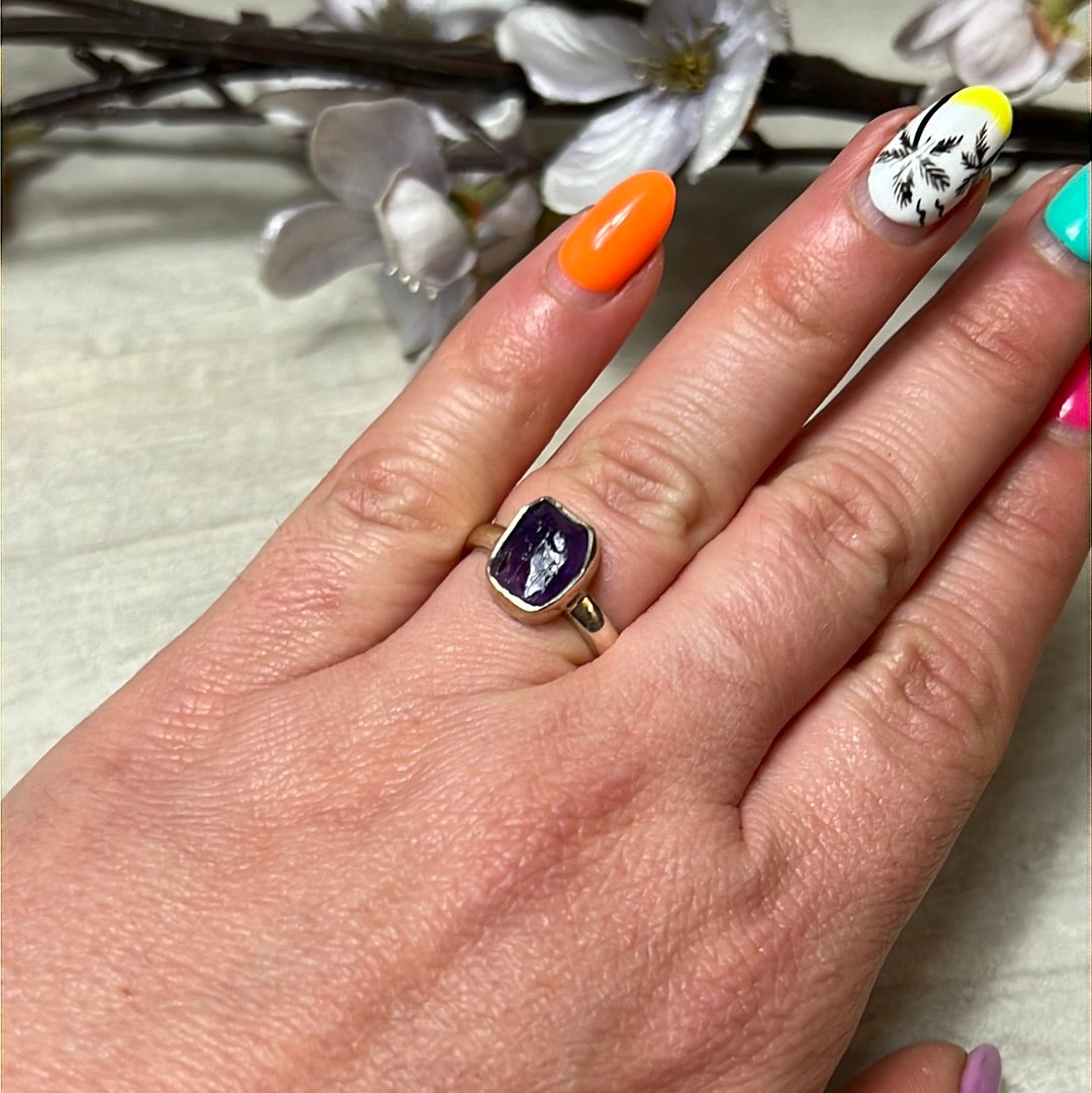 Amethyst Raw 925 Sterling Silver Ring - Size M