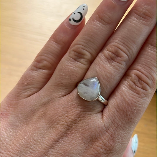Rainbow Moonstone 925 Sterling Silver Ring - Size P 1/2