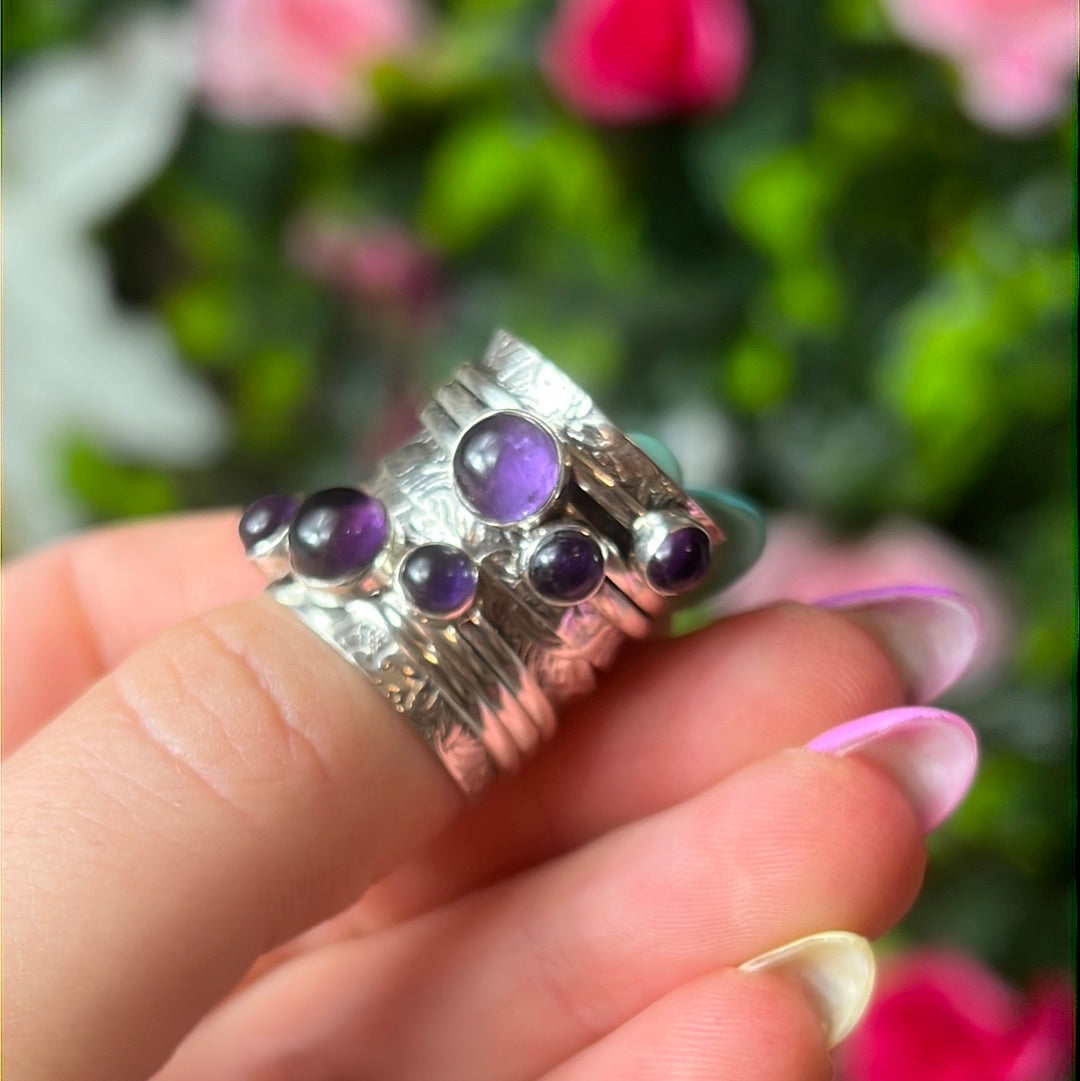 Trio Amethyst Fidget Spinner Ring - Sterling Silver 925 Size J 1/2