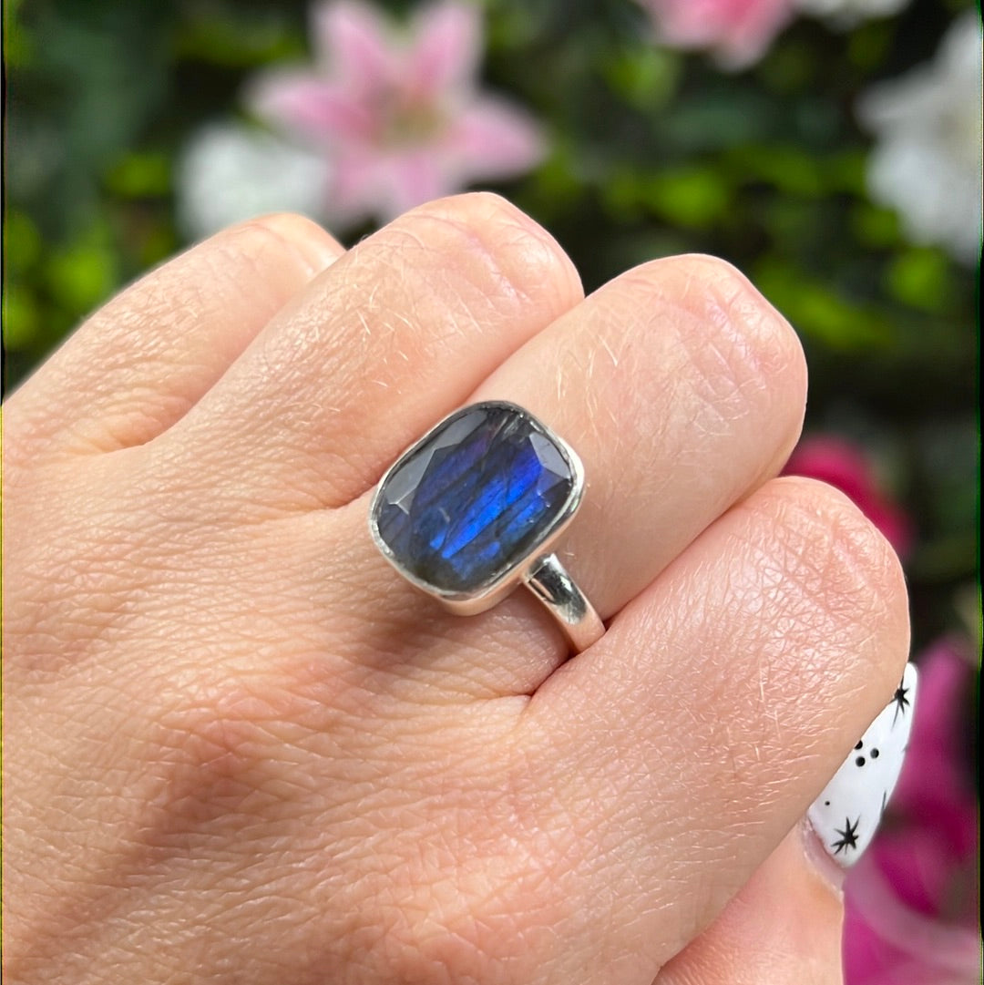 Labradorite Facet 925 Sterling Silver Ring - Size N 1/2