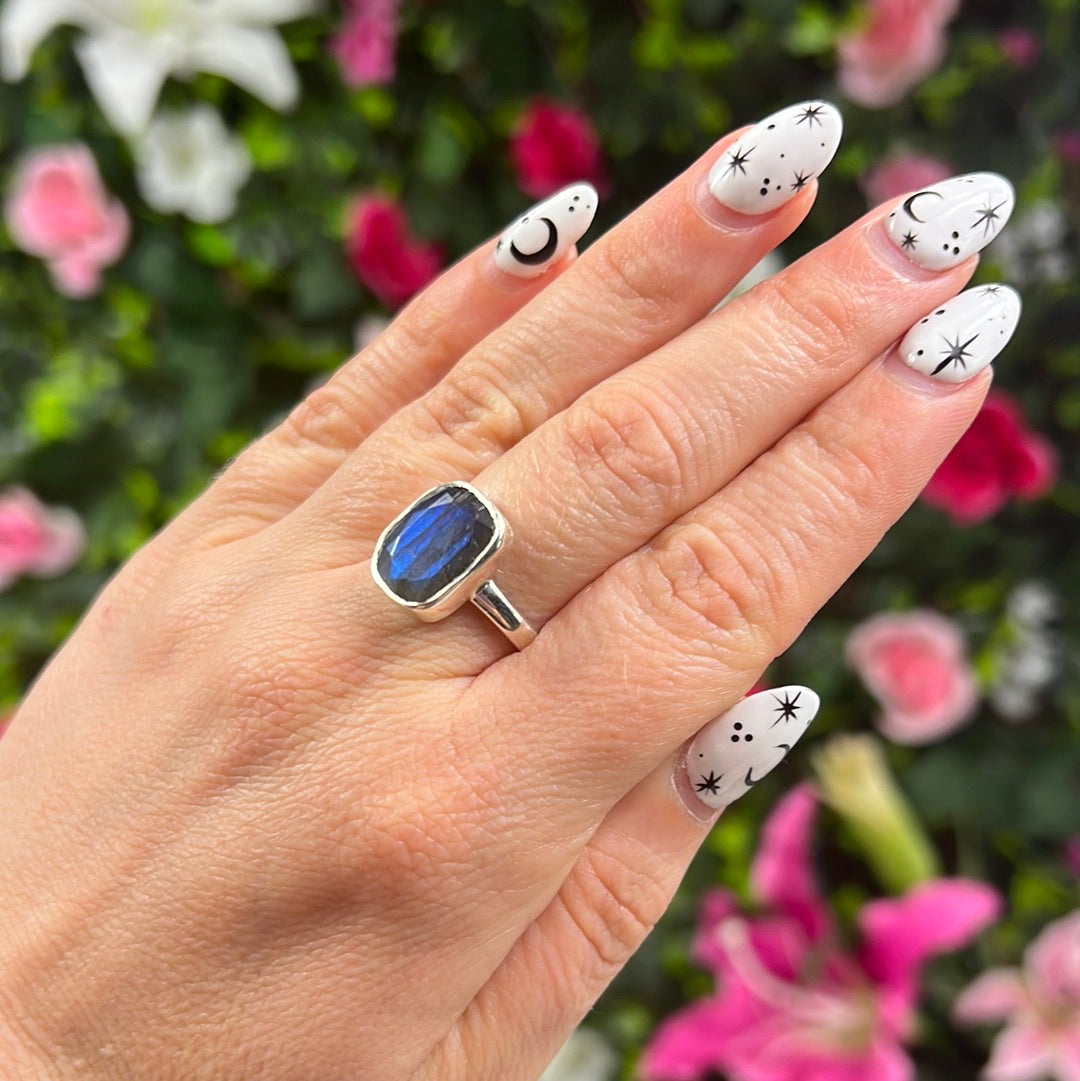 Labradorite Facet 925 Sterling Silver Ring - Size N 1/2