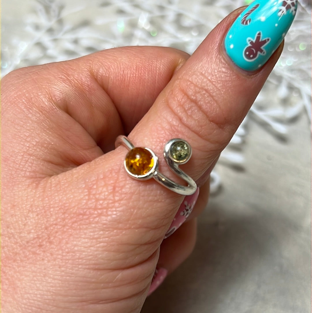 Amber Duo 925 Sterling Silver Ring - Size Q 1/2