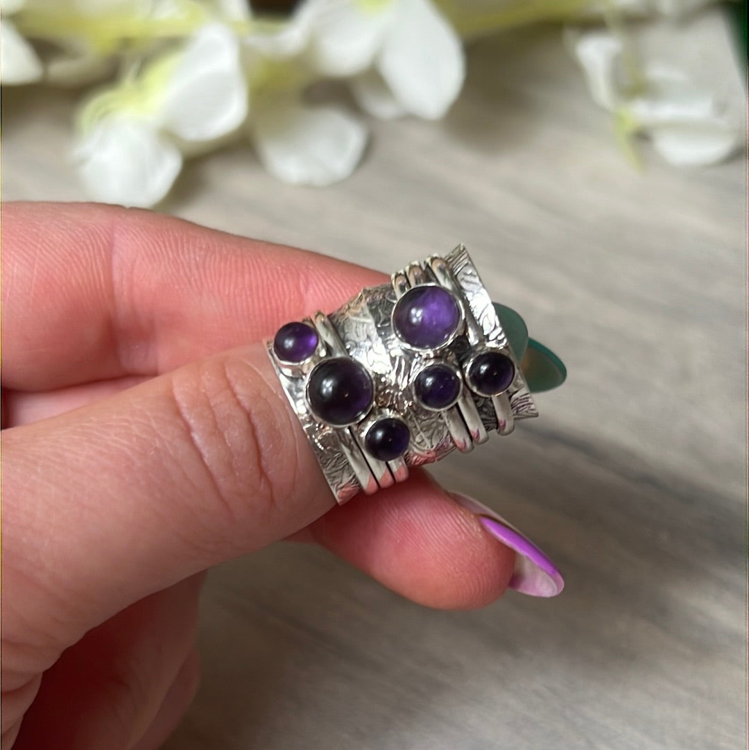 Trio Amethyst Fidget Spinner Ring - Sterling Silver 925 Size J 1/2
