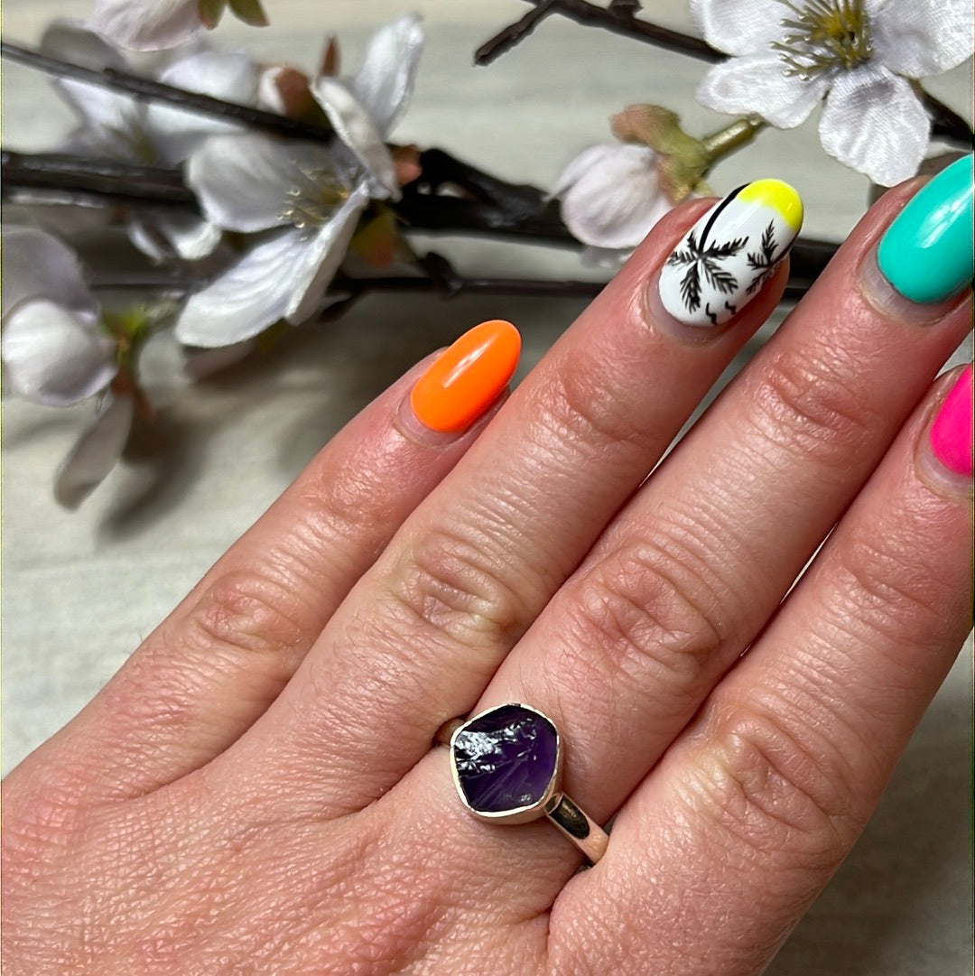 Amethyst Raw 925 Sterling Silver Ring - Size R 1/2