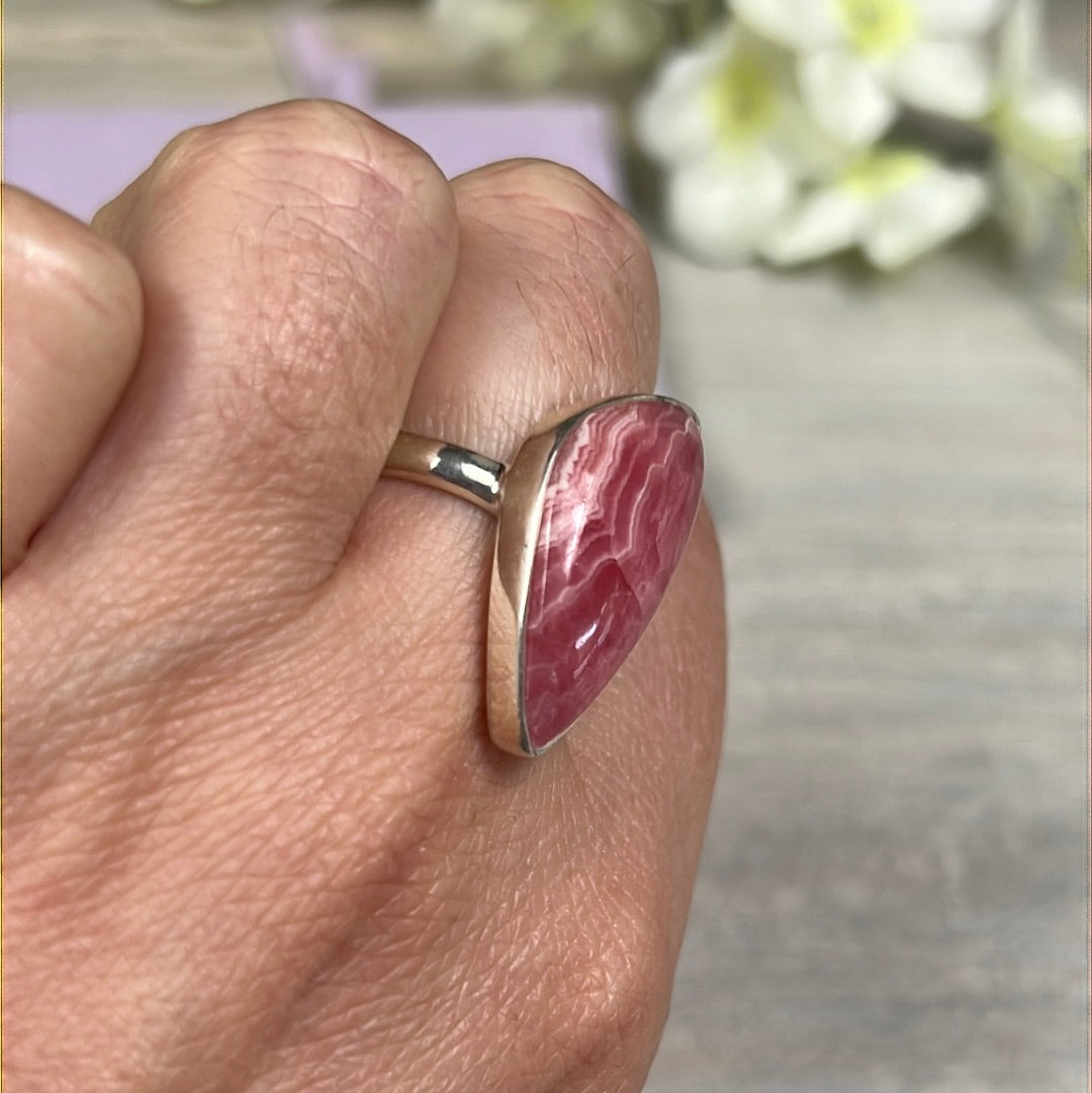 Rhodochrosite 925 Sterling Silver Ring - Size P 1/2