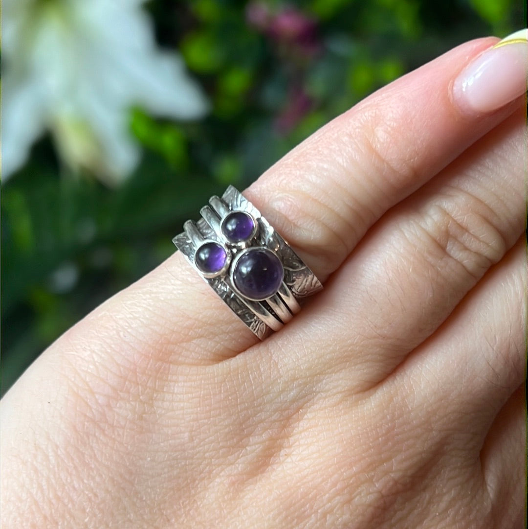Trio Amethyst Fidget Spinner Ring - Sterling Silver 925 Size J 1/2