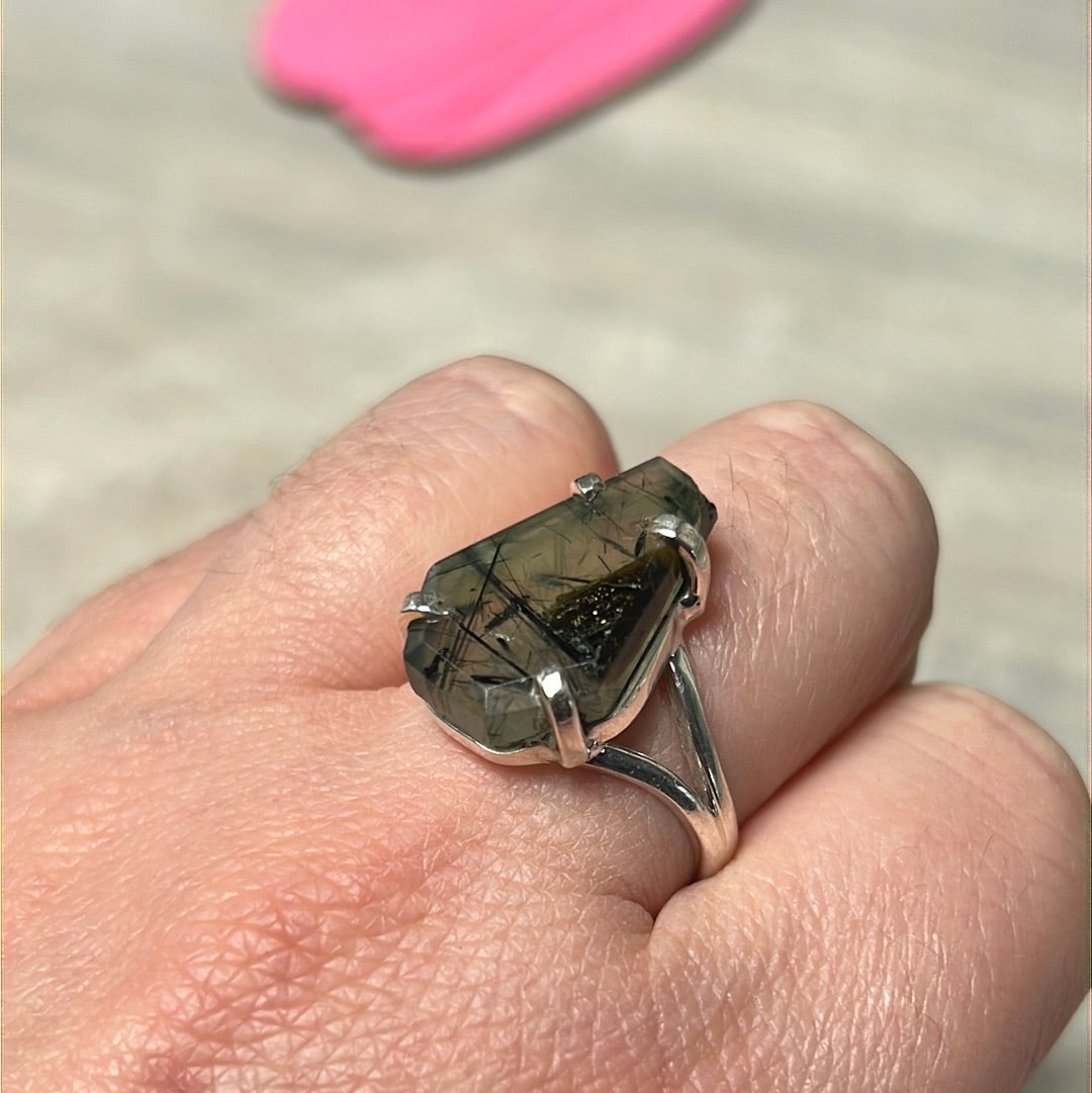 Prehnite & Epidote Coffin 925 Sterling Silver Ring - Size Q 1/2