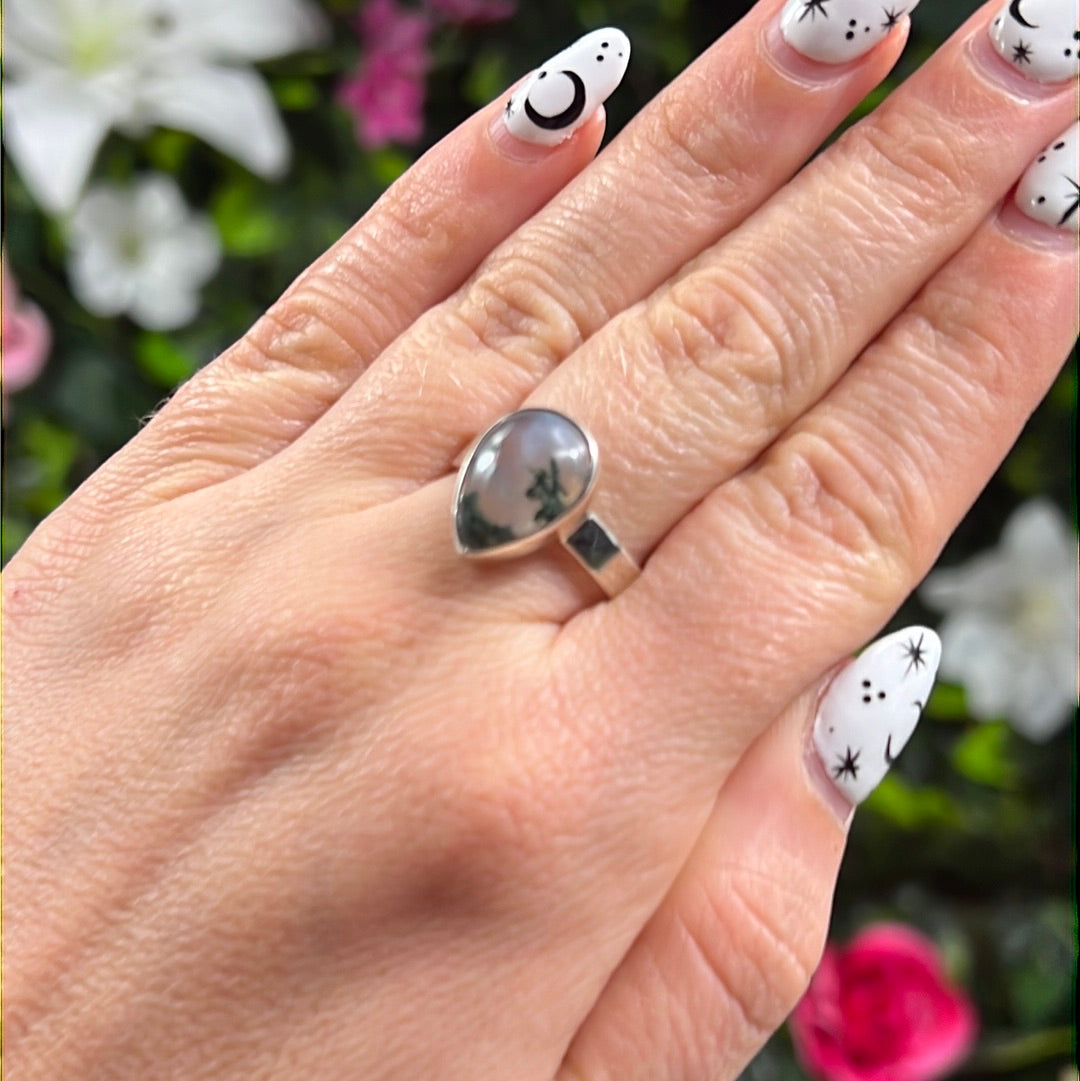 Moss Agate 925 Sterling Silver Ring - Size P 1/2 - Q