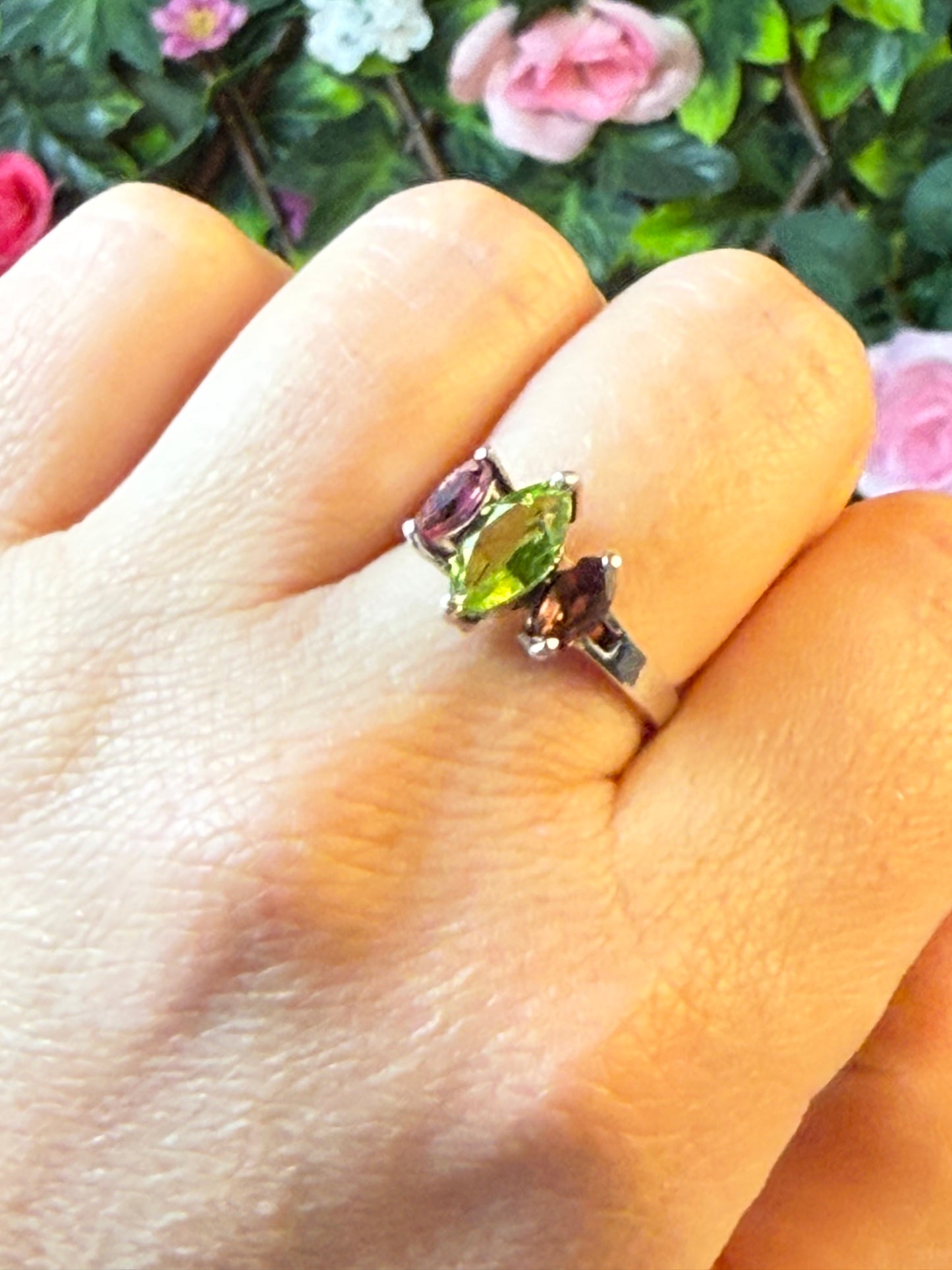 Triple Stone - Rhodolite Garnet / Peridot 925 Silver Ring - Size N 1/2
