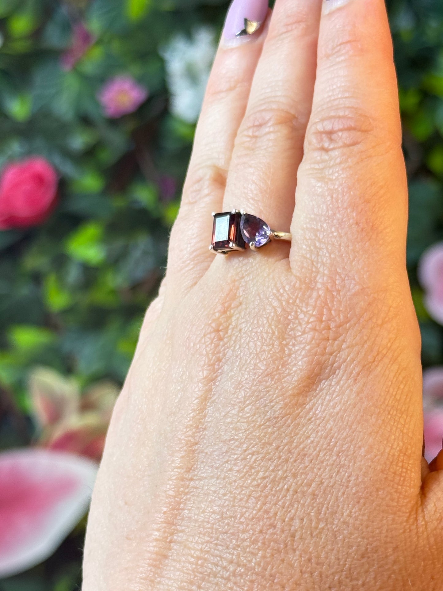 Duo Double Stone - Amethyst / Garnet 925 Silver Ring - Size Q