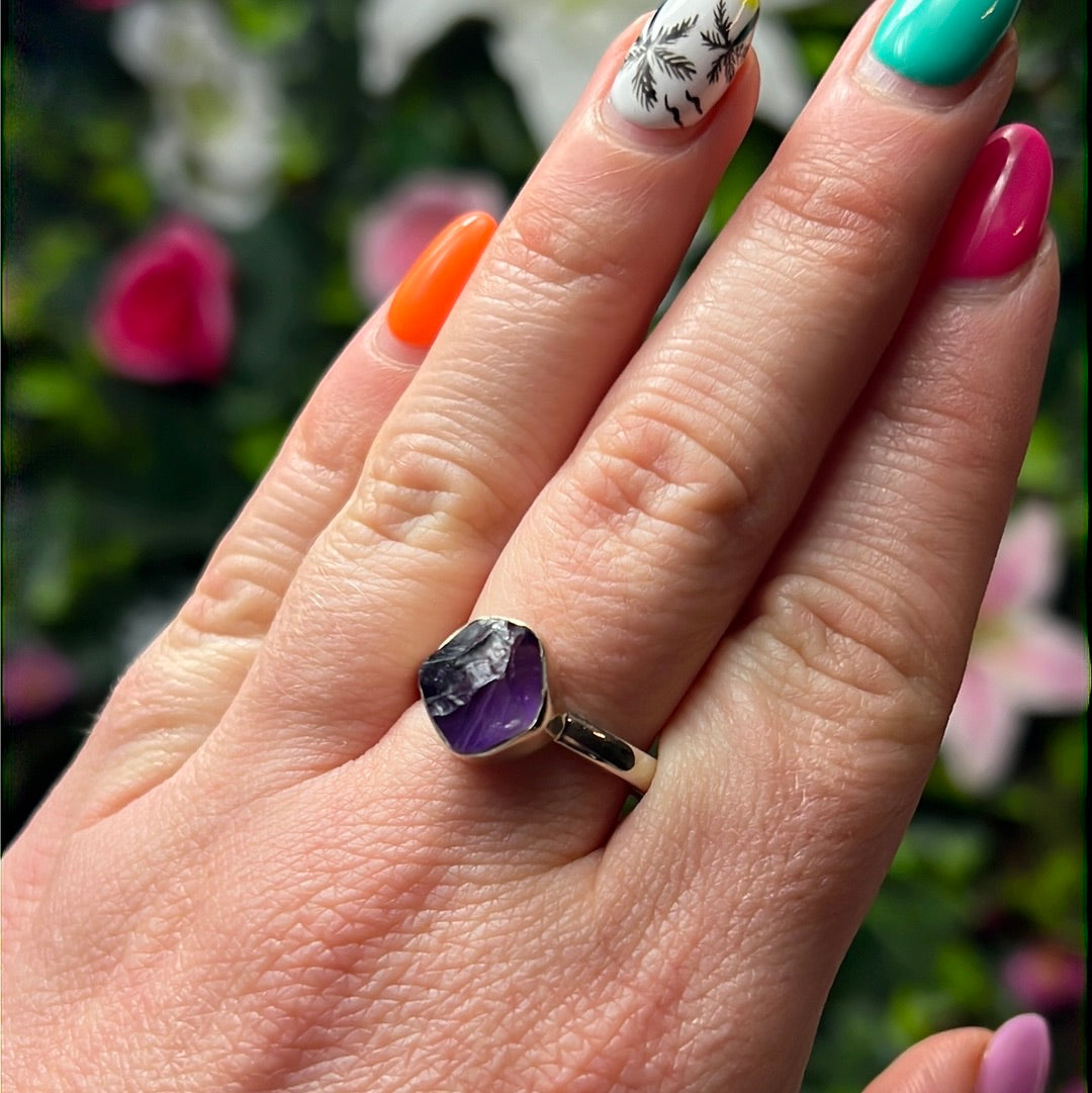 Amethyst Raw 925 Sterling Silver Ring - Size R 1/2