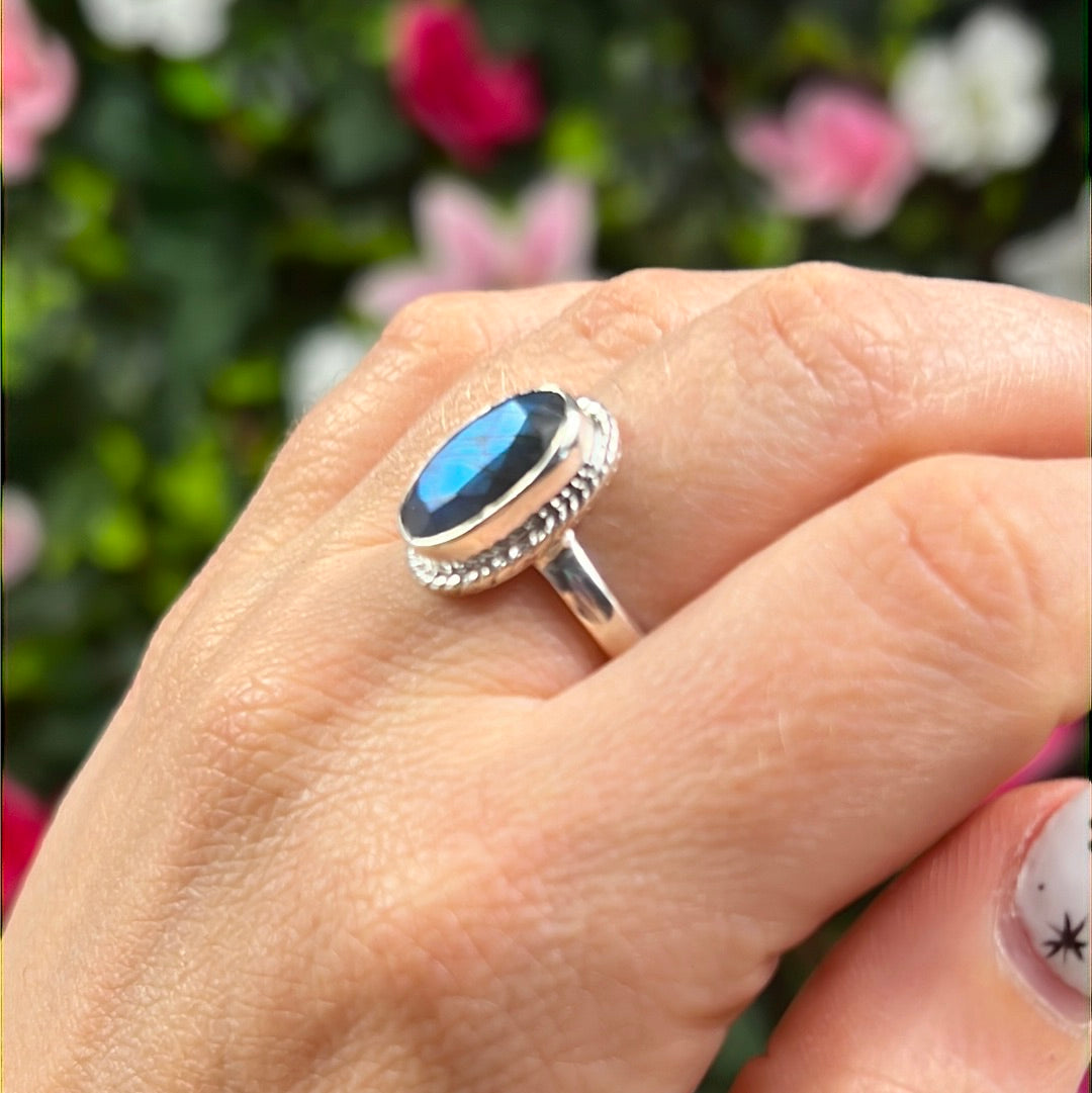 Labradorite Facet 925 Sterling Silver Ring - Size L 1/2