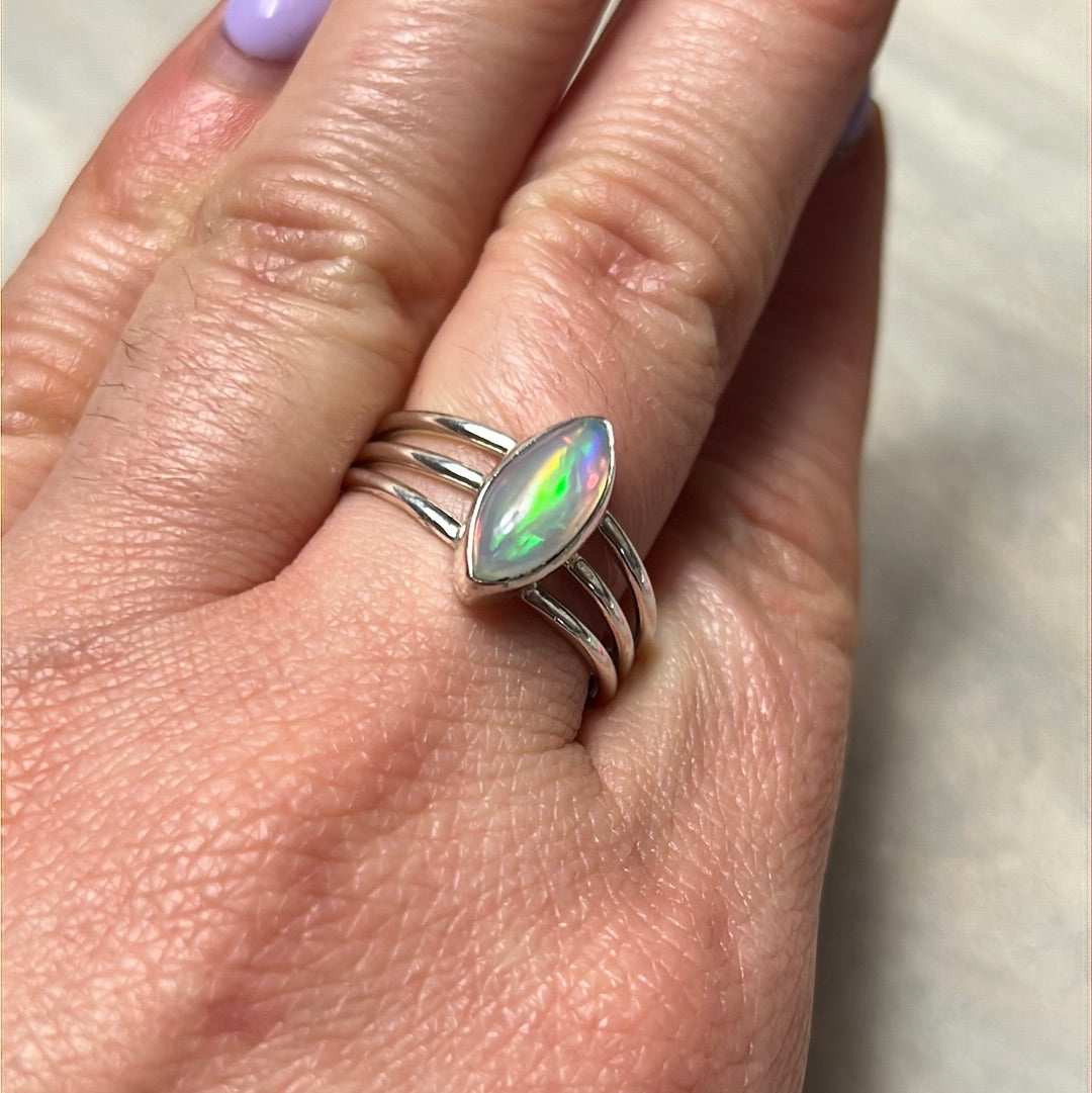 Ethiopian Opal 3 Bar 925 Sterling Silver Ring - Size Q