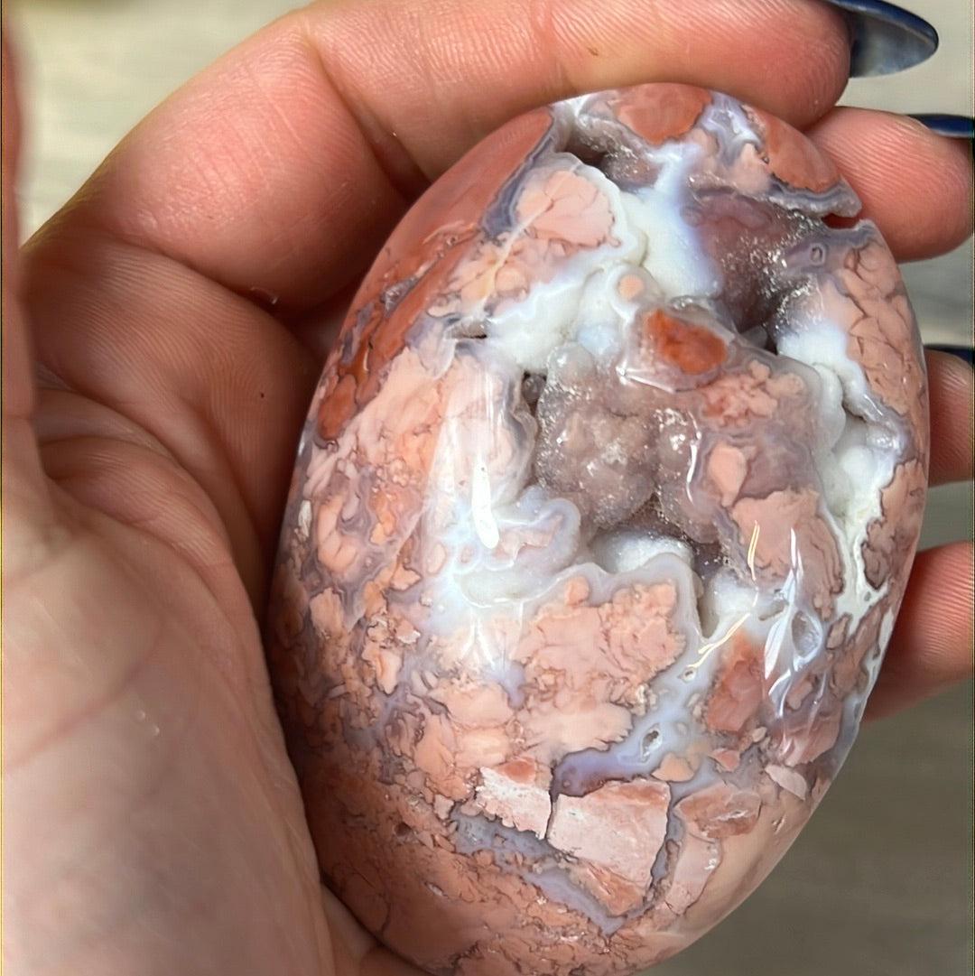 Pink Druzy Petal Agate Palm Pebble