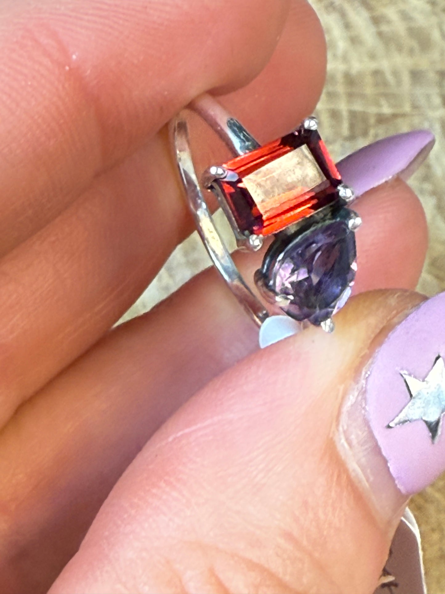 Duo Double Stone - Amethyst / Garnet 925 Silver Ring - Size Q
