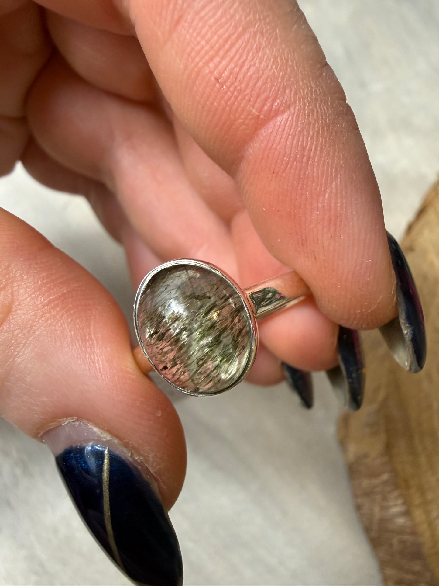 Green Rutile 925 Silver Ring - Size Q