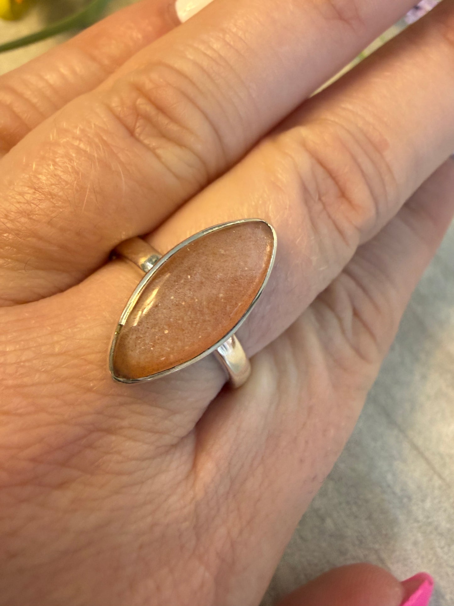 Peach Moonstone Adjustable 925 Silver Ring