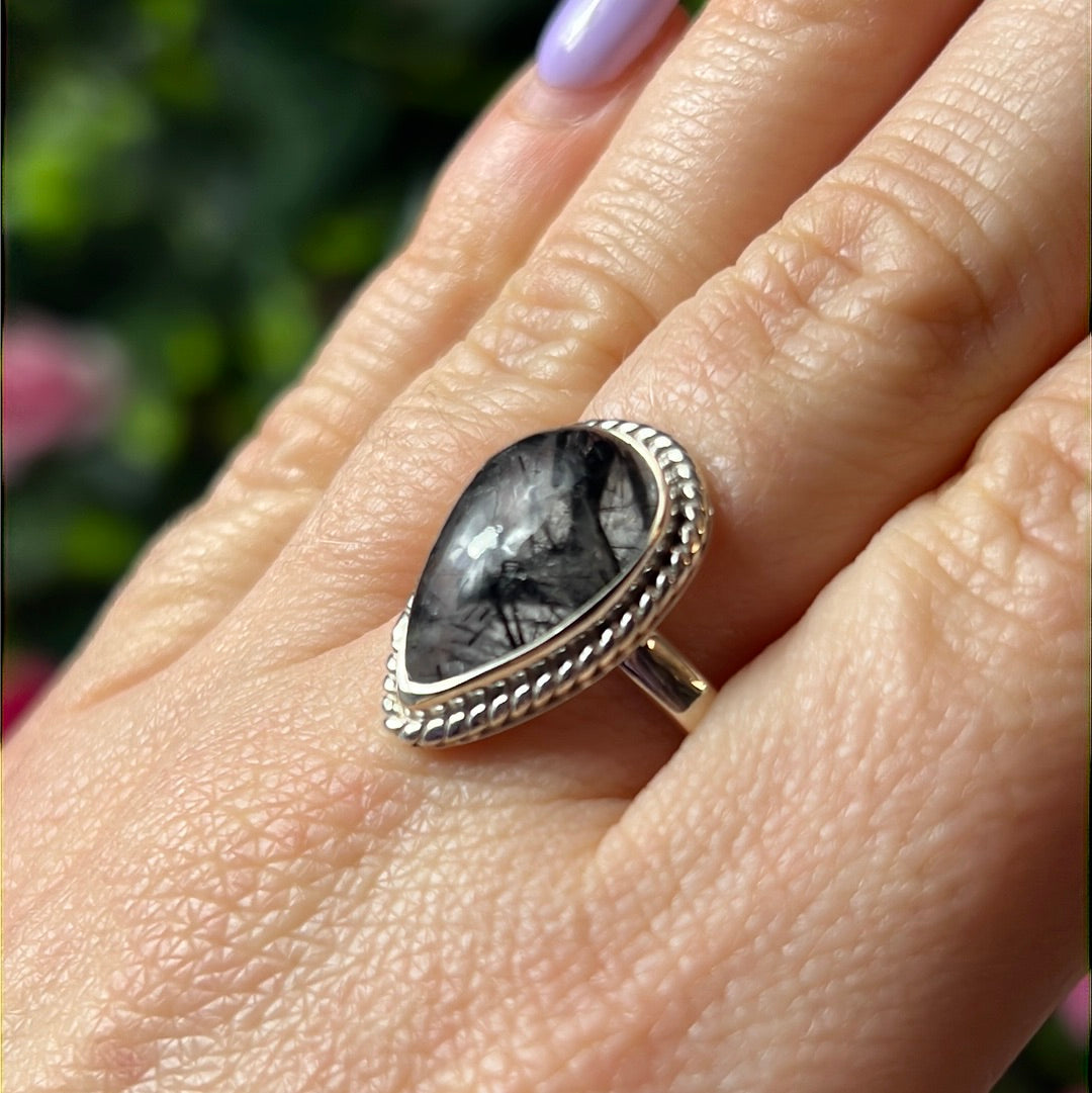 Black Rutilated Quartz 925 Sterling Silver Ring - Size S