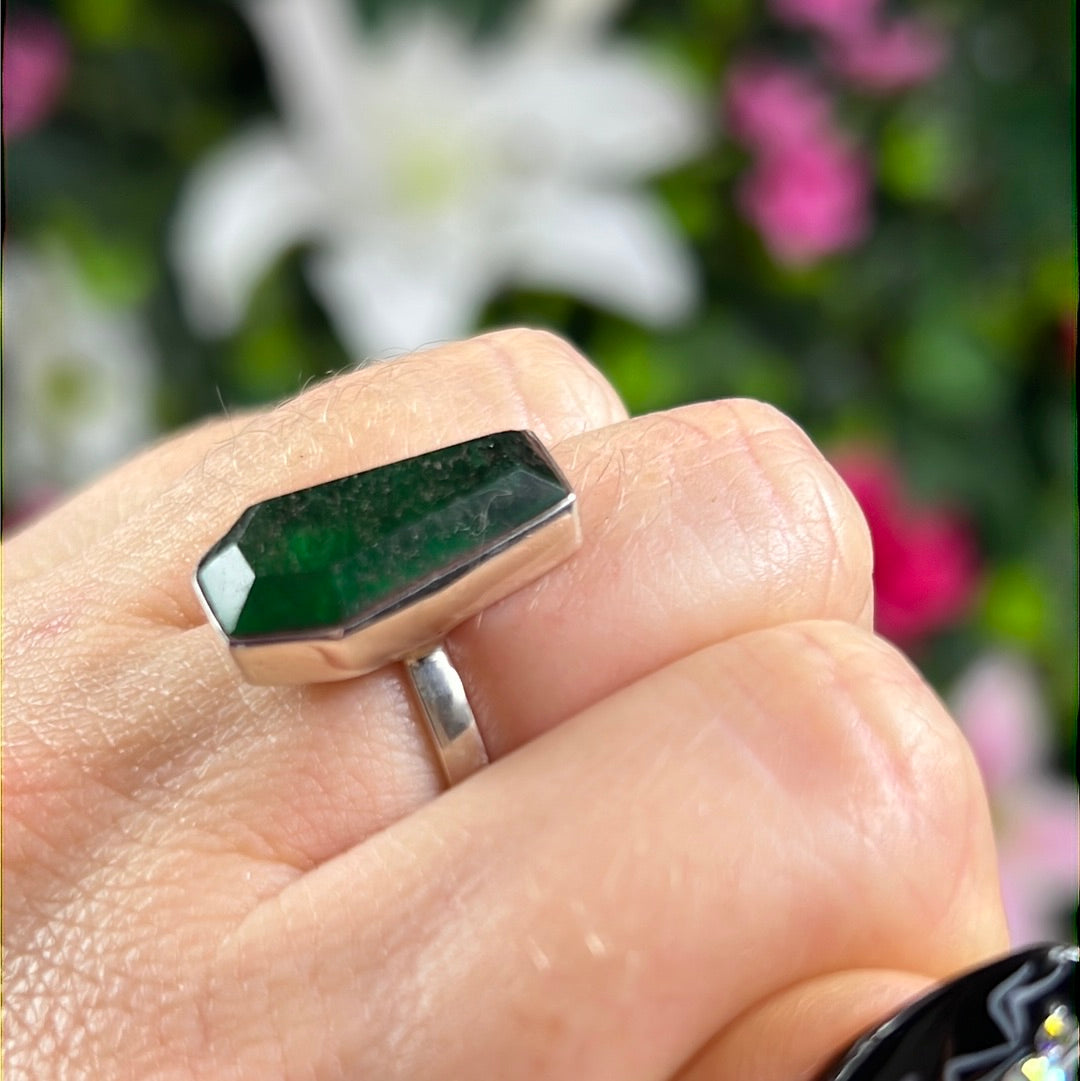 Green Jade Coffin 925 Sterling Silver Ring - Size M