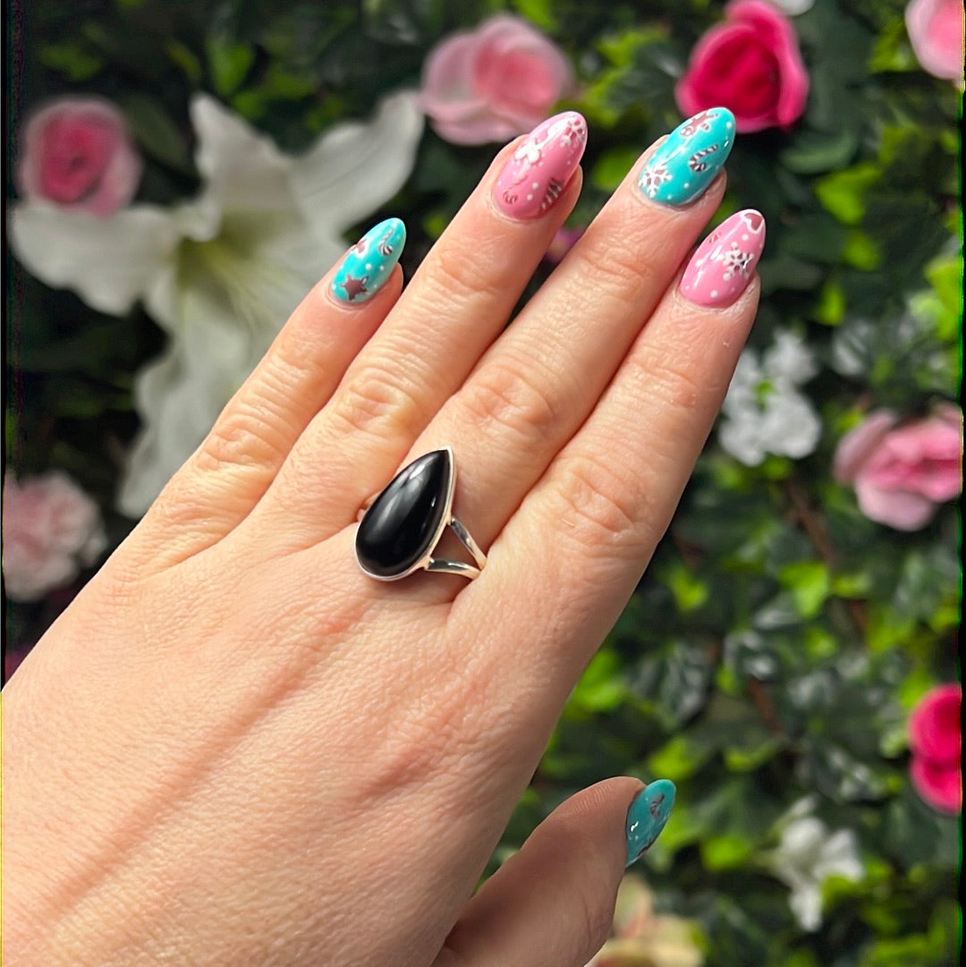 Black Tourmaline 925 Sterling Silver Ring - Size S 1/2 - T