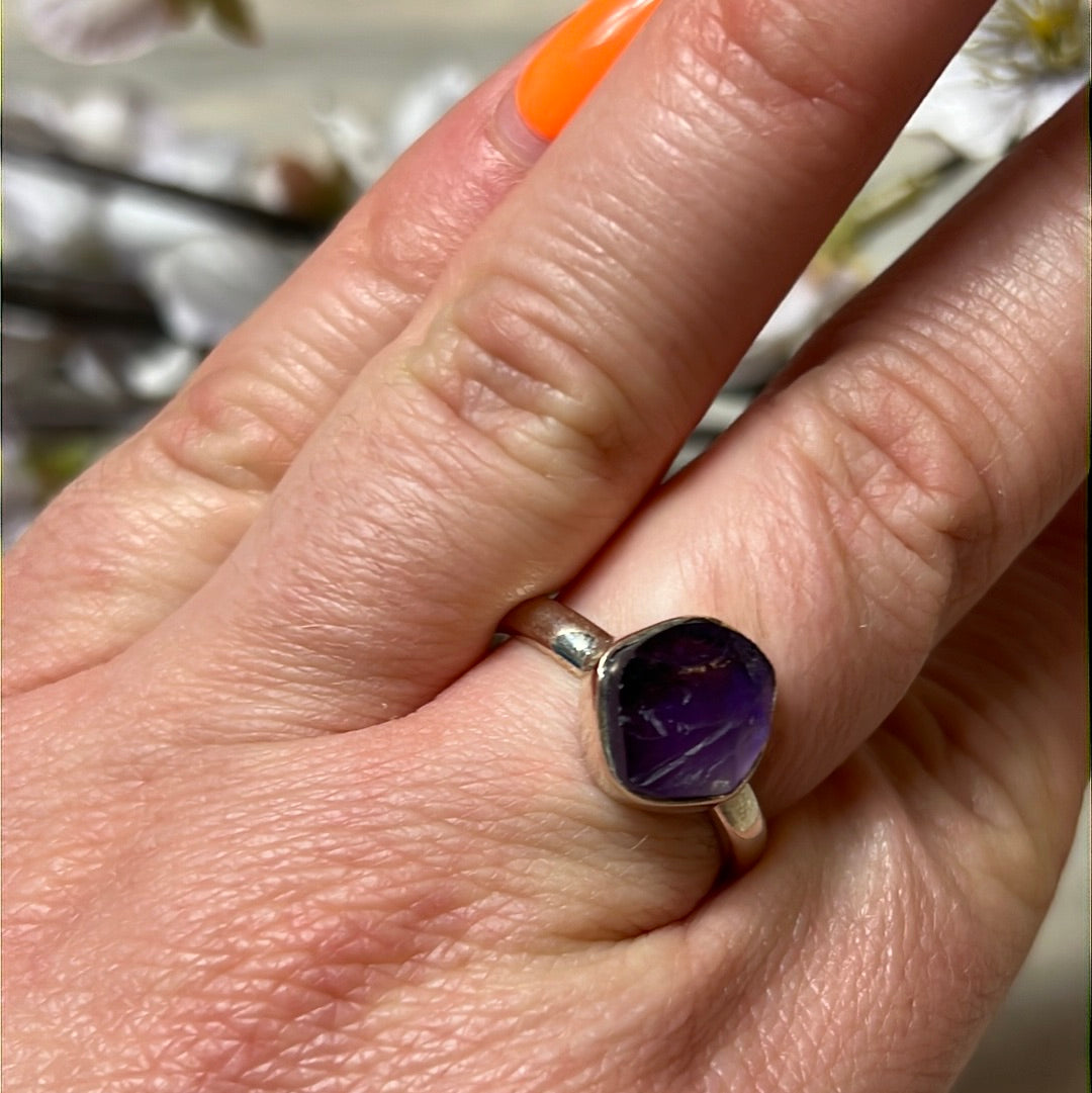 Amethyst Raw 925 Sterling Silver Ring - Size R 1/2